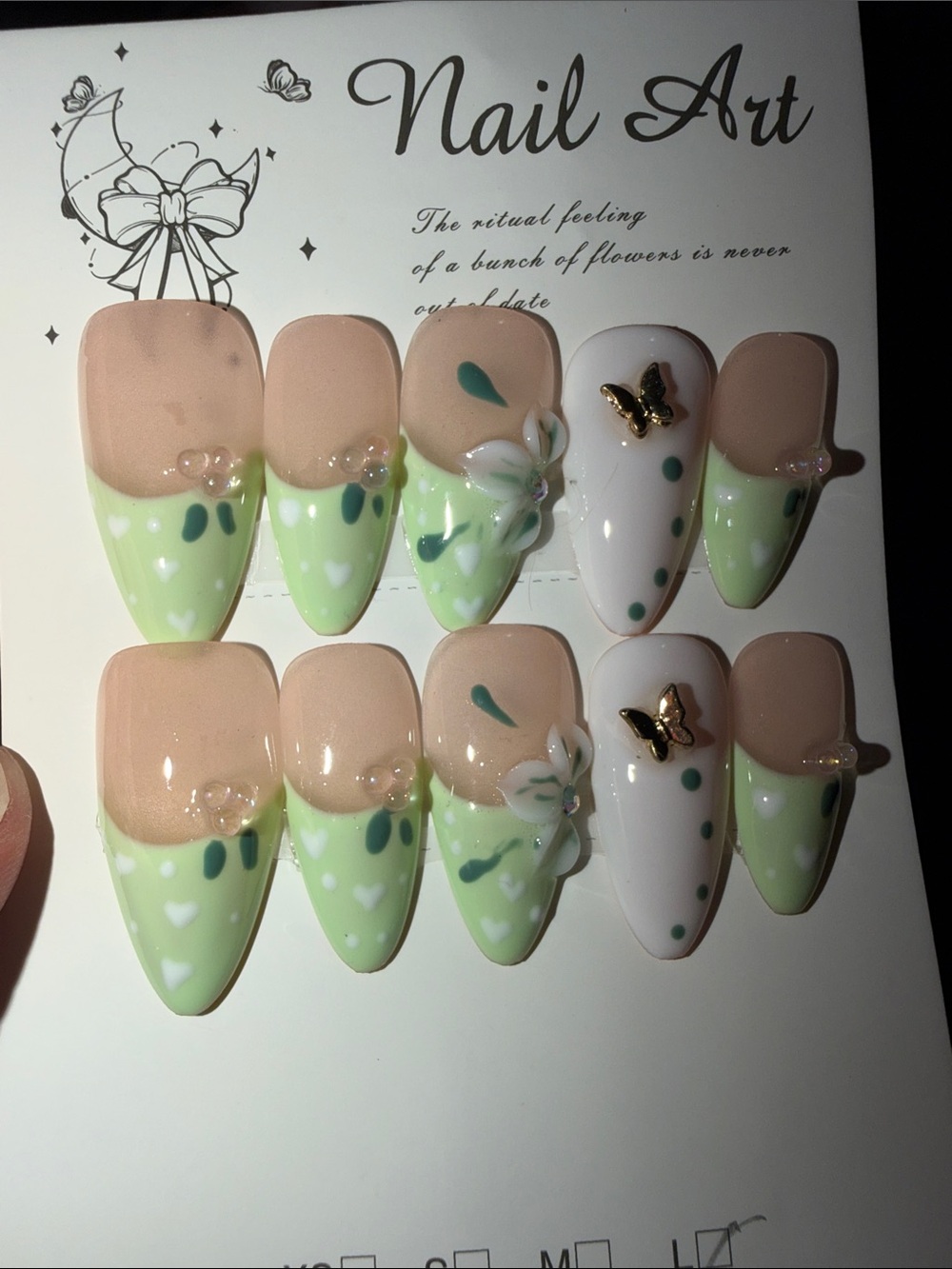 Gel Press-On Nails Set — Pastel Green & Nude Floral Design